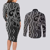 Maori Taniko Patterns Couples Matching Long Sleeve Bodycon Dress and Long Sleeve Button Shirt Black Patiki Motifs Mix Whakairo Ngaru LT7 - Polynesian Pride
