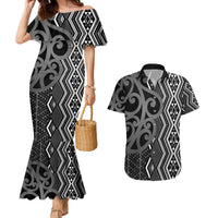 Maori Taniko Patterns Couples Matching Mermaid Dress and Hawaiian Shirt Black Patiki Motifs Mix Whakairo Ngaru LT7 Black - Polynesian Pride