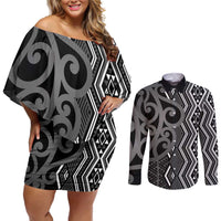 Maori Taniko Patterns Couples Matching Off Shoulder Short Dress and Long Sleeve Button Shirt Black Patiki Motifs Mix Whakairo Ngaru