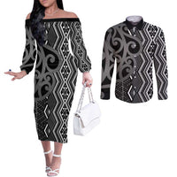 Maori Taniko Patterns Couples Matching Off The Shoulder Long Sleeve Dress and Long Sleeve Button Shirt Black Patiki Motifs Mix Whakairo Ngaru LT7 Black - Polynesian Pride
