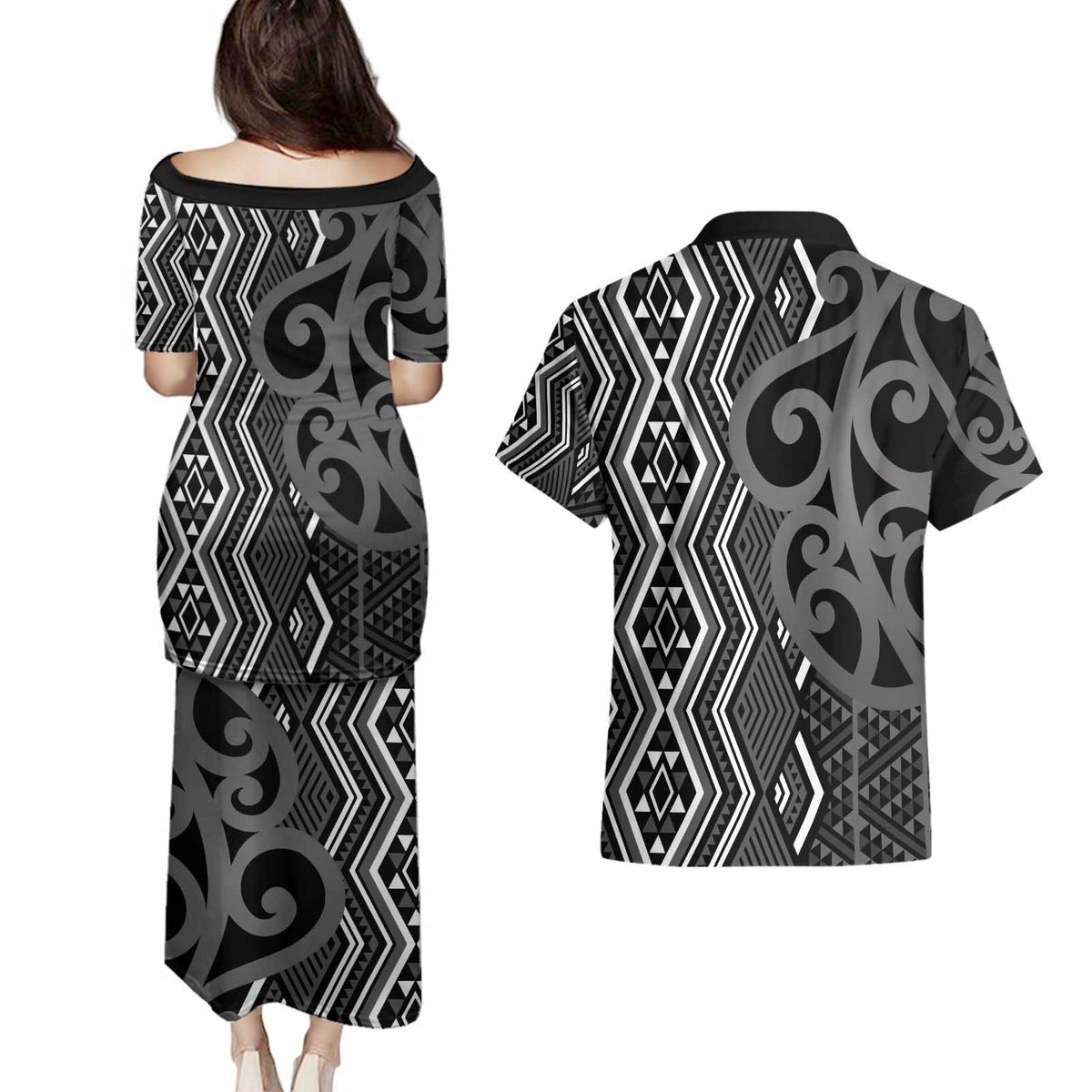 Maori Taniko Patterns Couples Matching Puletasi and Hawaiian Shirt Black Patiki Motifs Mix Whakairo Ngaru