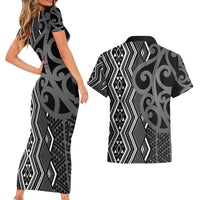 Maori Taniko Patterns Couples Matching Short Sleeve Bodycon Dress and Hawaiian Shirt Black Patiki Motifs Mix Whakairo Ngaru LT7 - Polynesian Pride