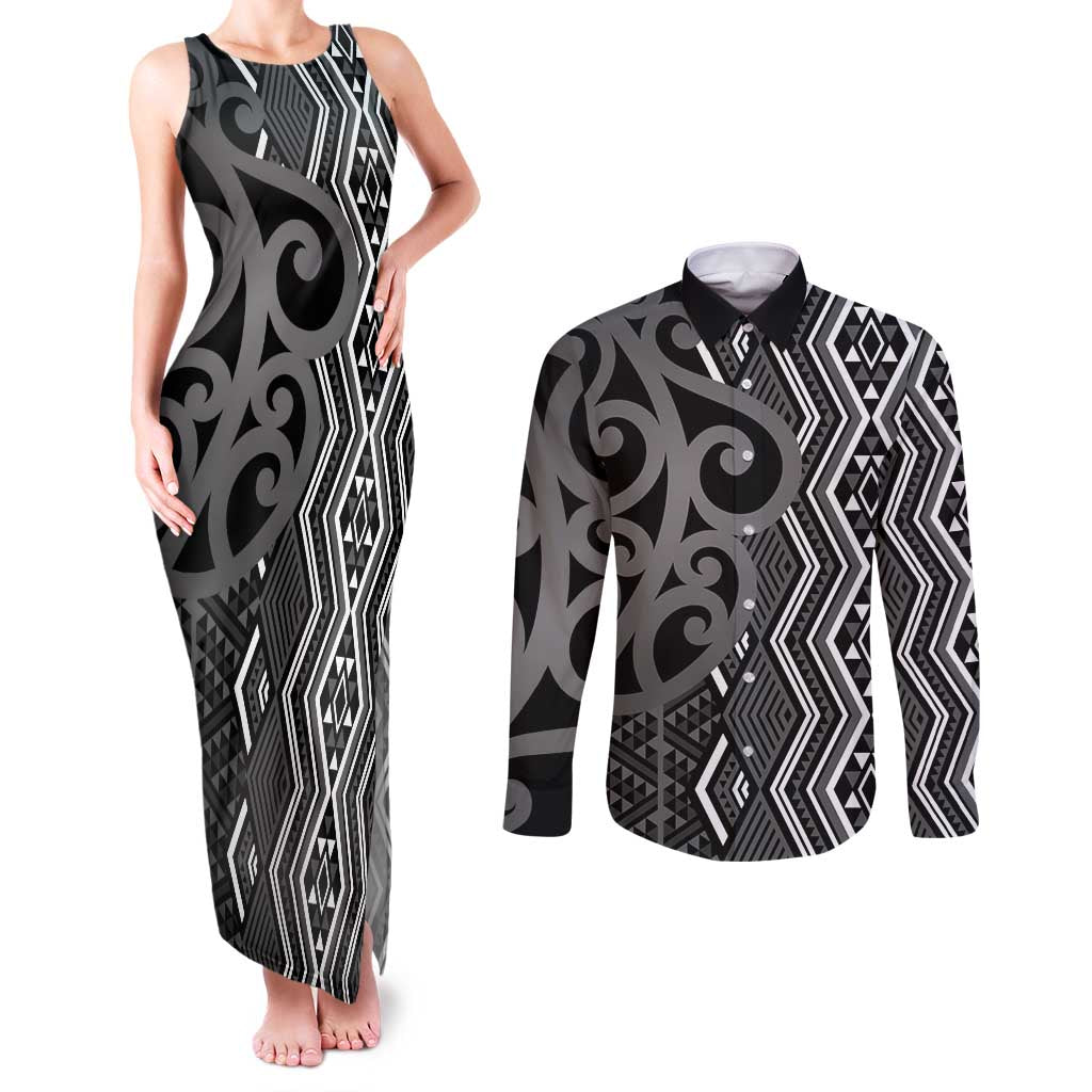Maori Taniko Patterns Couples Matching Tank Maxi Dress and Long Sleeve Button Shirt Black Patiki Motifs Mix Whakairo Ngaru