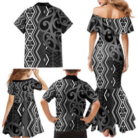 Maori Taniko Patterns Family Matching Mermaid Dress and Hawaiian Shirt Black Patiki Motifs Mix Whakairo Ngaru LT7 - Polynesian Pride