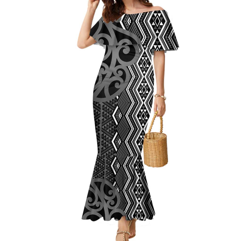 Maori Taniko Patterns Family Matching Mermaid Dress and Hawaiian Shirt Black Patiki Motifs Mix Whakairo Ngaru LT7 Mom's Dress Black - Polynesian Pride