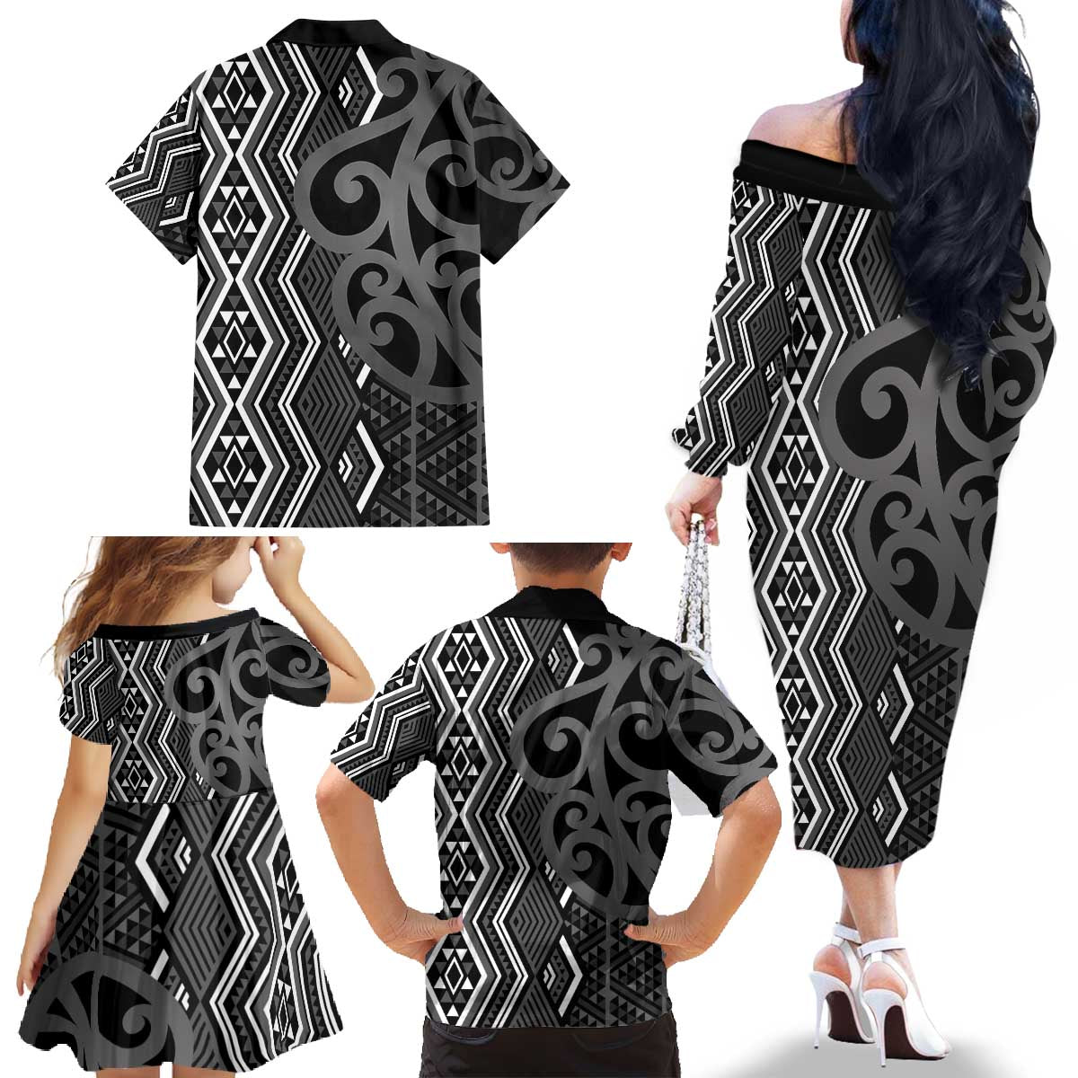 Maori Taniko Patterns Family Matching Off The Shoulder Long Sleeve Dress and Hawaiian Shirt Black Patiki Motifs Mix Whakairo Ngaru LT7 - Polynesian Pride