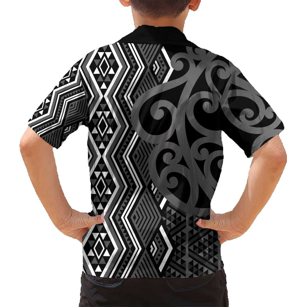Maori Taniko Patterns Family Matching Off Shoulder Maxi Dress and Hawaiian Shirt Black Patiki Motifs Mix Whakairo Ngaru LT7 - Polynesian Pride