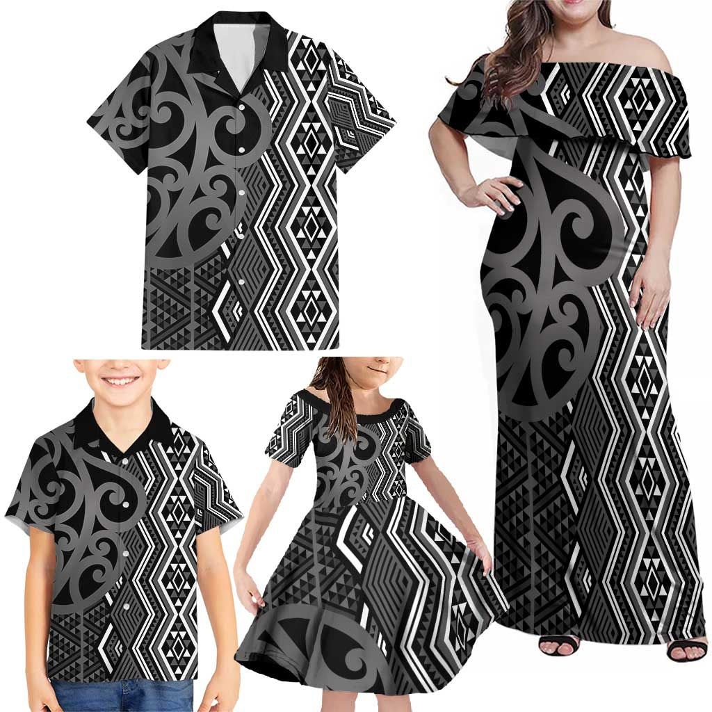 Maori Taniko Patterns Family Matching Off Shoulder Maxi Dress and Hawaiian Shirt Black Patiki Motifs Mix Whakairo Ngaru LT7 - Polynesian Pride