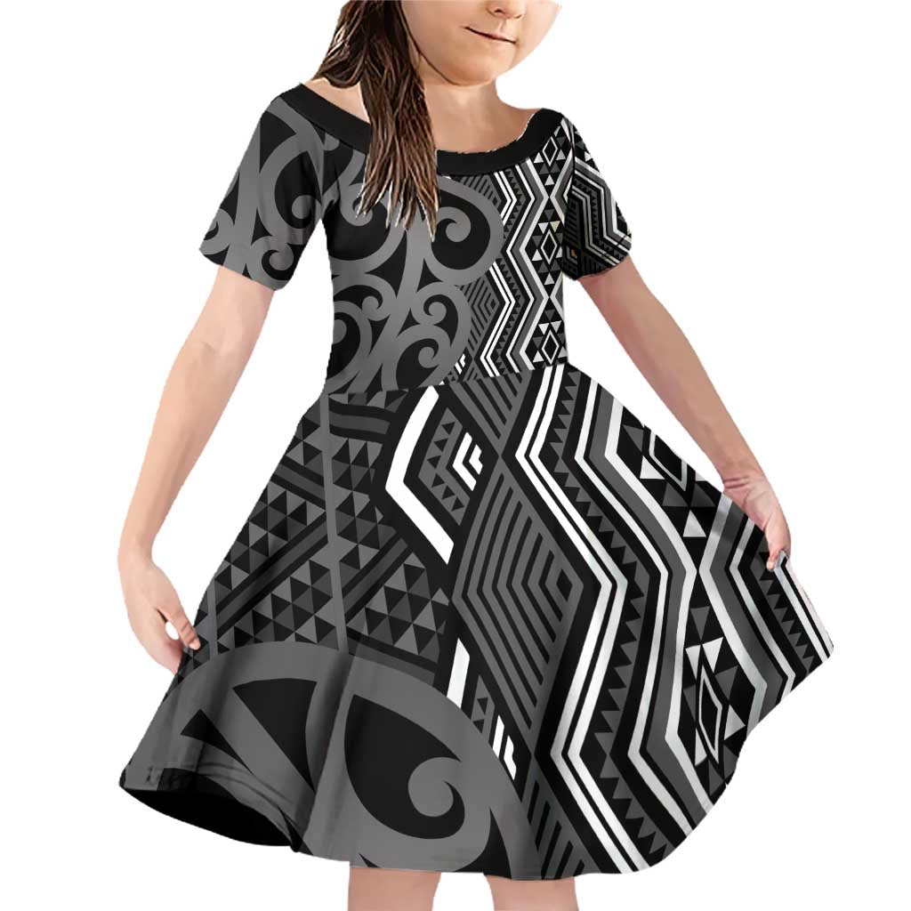 Maori Taniko Patterns Family Matching Off Shoulder Short Dress and Hawaiian Shirt Black Patiki Motifs Mix Whakairo Ngaru LT7 Daughter's Dress Black - Polynesian Pride