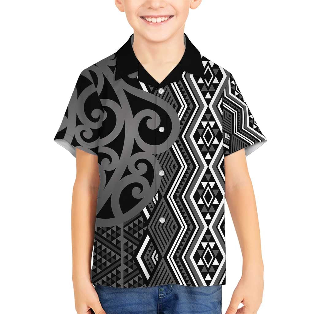 Maori Taniko Patterns Family Matching Off Shoulder Short Dress and Hawaiian Shirt Black Patiki Motifs Mix Whakairo Ngaru LT7 Son's Shirt Black - Polynesian Pride