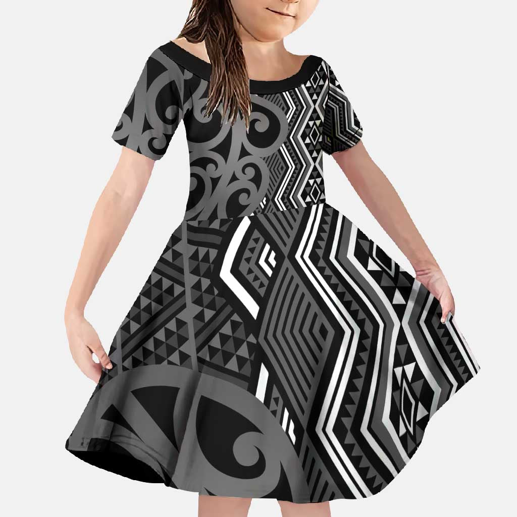 Maori Taniko Patterns Family Matching Summer Maxi Dress and Hawaiian Shirt Black Patiki Motifs Mix Whakairo Ngaru LT7 Daughter's Dress Black - Polynesian Pride