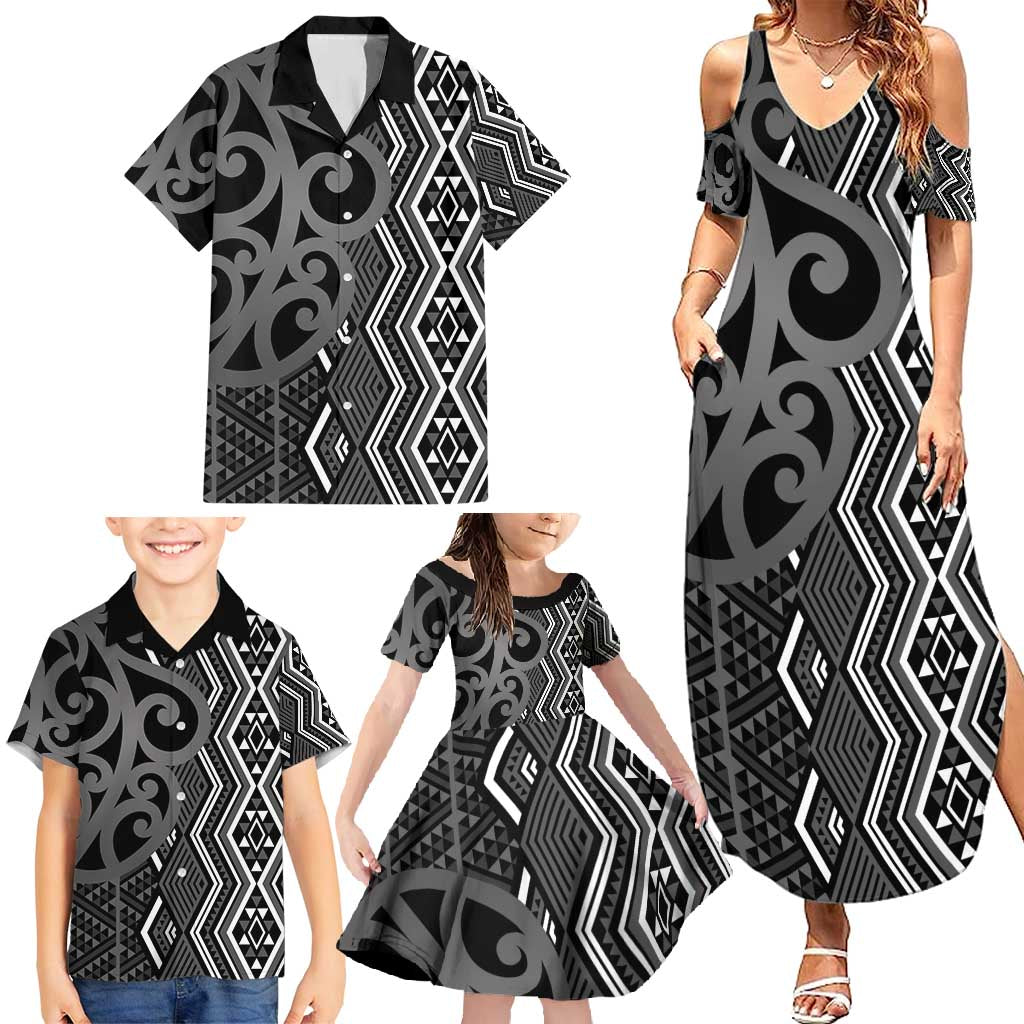 Maori Taniko Patterns Family Matching Summer Maxi Dress and Hawaiian Shirt Black Patiki Motifs Mix Whakairo Ngaru LT7 - Polynesian Pride