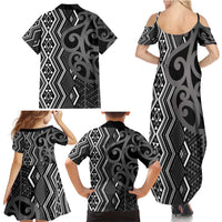 Maori Taniko Patterns Family Matching Summer Maxi Dress and Hawaiian Shirt Black Patiki Motifs Mix Whakairo Ngaru LT7 - Polynesian Pride