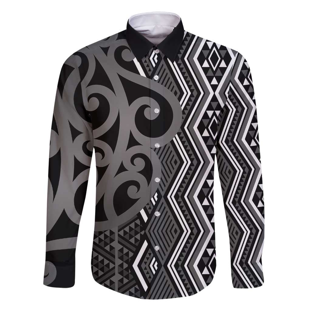 Maori Taniko Patterns Family Matching Summer Maxi Dress and Hawaiian Shirt Black Patiki Motifs Mix Whakairo Ngaru LT7 Dad's Shirt - Long Sleeve Black - Polynesian Pride