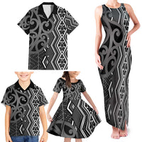 Maori Taniko Patterns Family Matching Tank Maxi Dress and Hawaiian Shirt Black Patiki Motifs Mix Whakairo Ngaru LT7 - Polynesian Pride