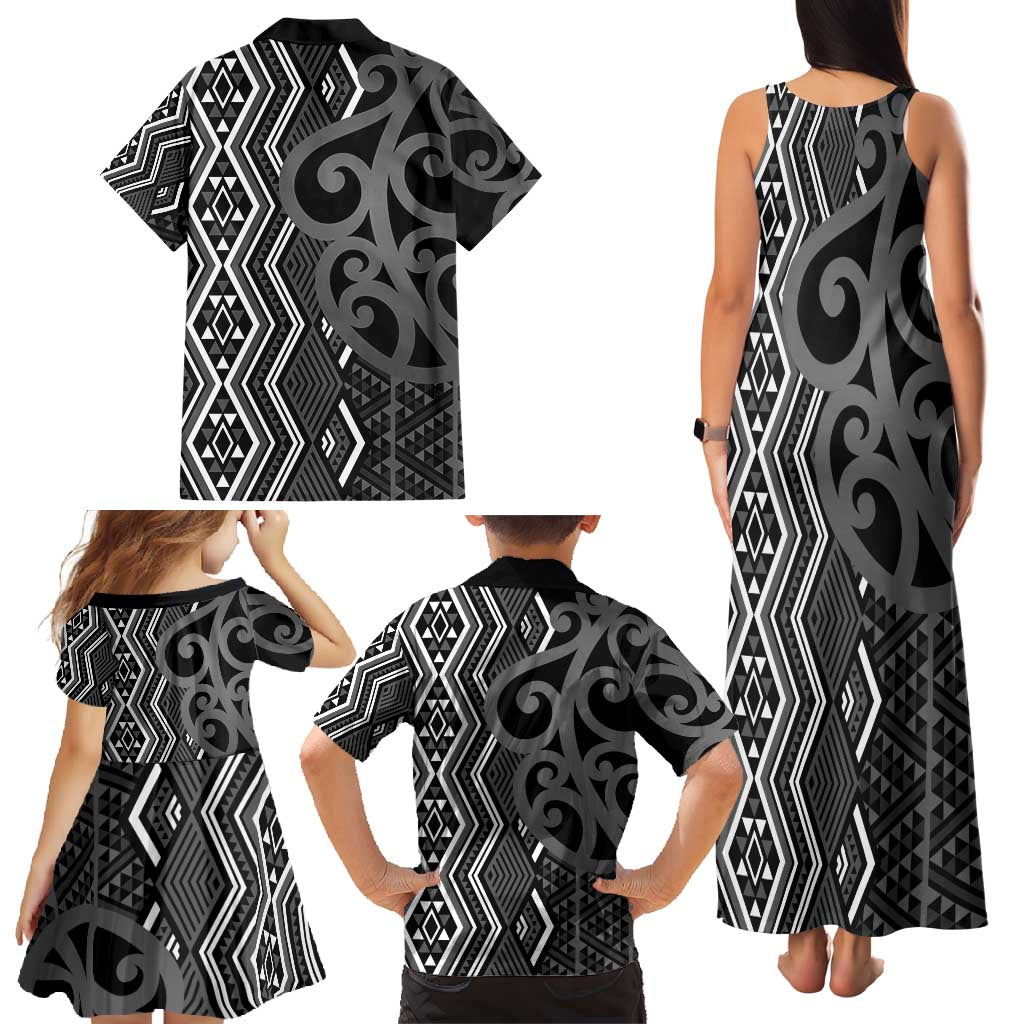 Maori Taniko Patterns Family Matching Tank Maxi Dress and Hawaiian Shirt Black Patiki Motifs Mix Whakairo Ngaru LT7 - Polynesian Pride