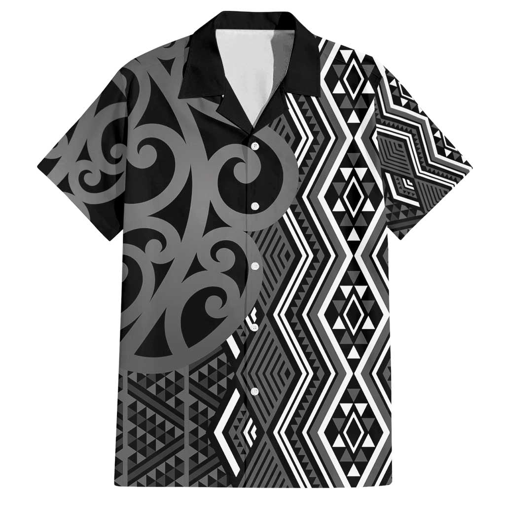 Maori Taniko Patterns Family Matching Tank Maxi Dress and Hawaiian Shirt Black Patiki Motifs Mix Whakairo Ngaru LT7 Dad's Shirt - Short Sleeve Black - Polynesian Pride