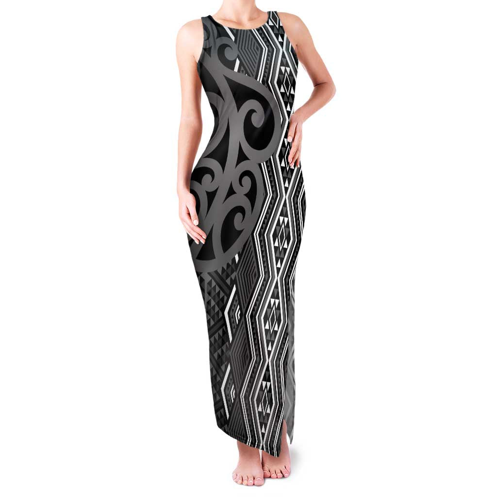 Maori Taniko Patterns Family Matching Tank Maxi Dress and Hawaiian Shirt Black Patiki Motifs Mix Whakairo Ngaru LT7 Mom's Dress Black - Polynesian Pride
