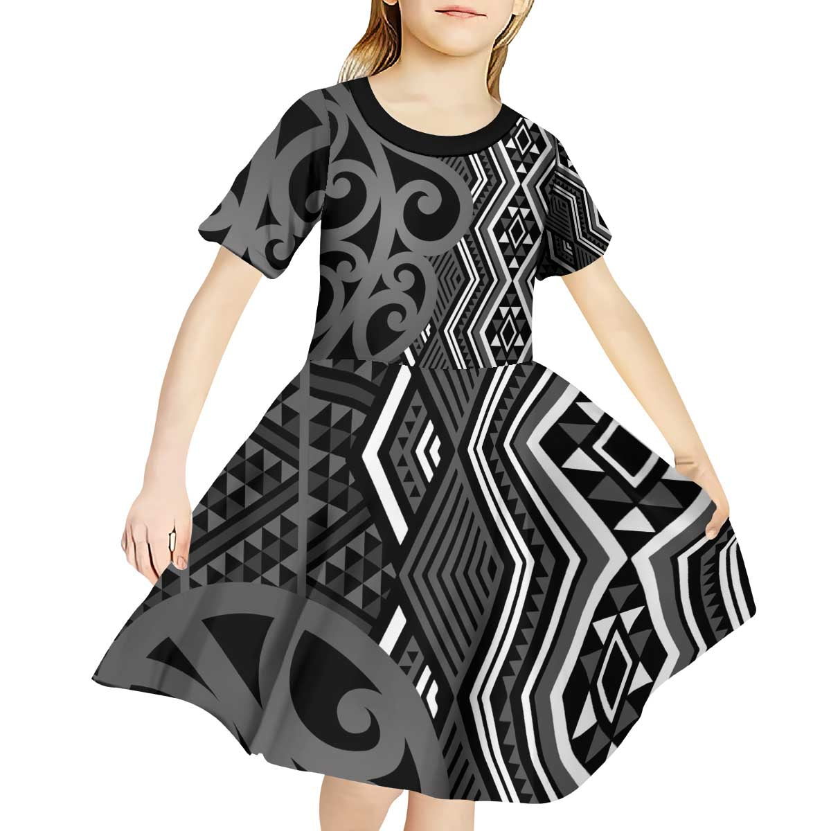 Maori Taniko Patterns Kid Short Sleeve Dress Black Patiki Motifs Mix Whakairo Ngaru
