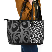 Maori Taniko Patterns Leather Tote Bag Black Patiki Motifs Mix Whakairo Ngaru LT7 - Polynesian Pride