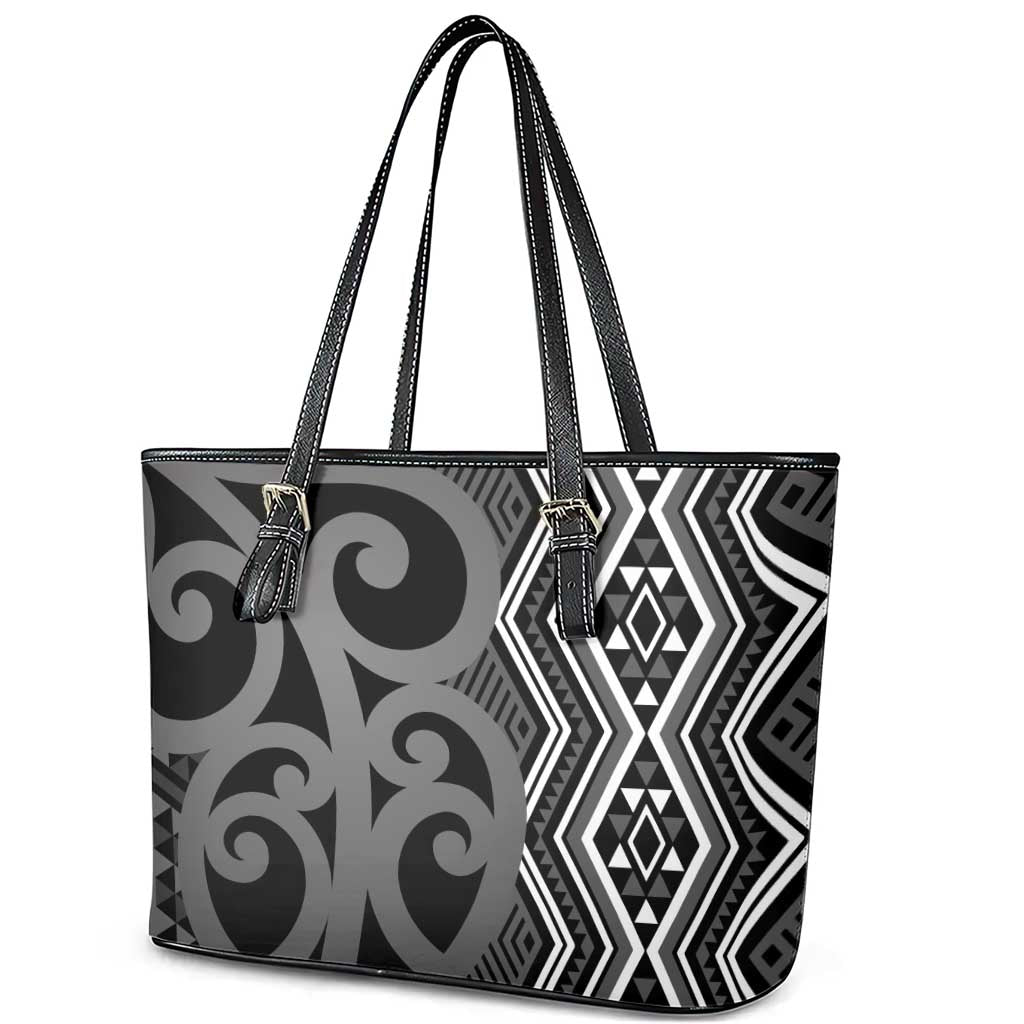Maori Taniko Patterns Leather Tote Bag Black Patiki Motifs Mix Whakairo Ngaru LT7 - Polynesian Pride