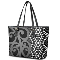 Maori Taniko Patterns Leather Tote Bag Black Patiki Motifs Mix Whakairo Ngaru LT7 - Polynesian Pride