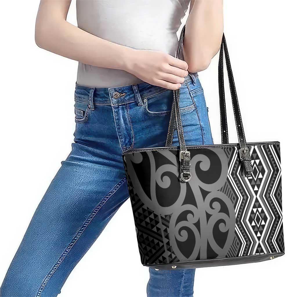 Maori Taniko Patterns Leather Tote Bag Black Patiki Motifs Mix Whakairo Ngaru LT7 - Polynesian Pride
