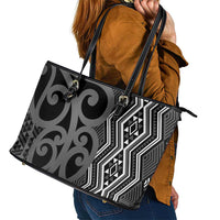 Maori Taniko Patterns Leather Tote Bag Black Patiki Motifs Mix Whakairo Ngaru LT7 - Polynesian Pride