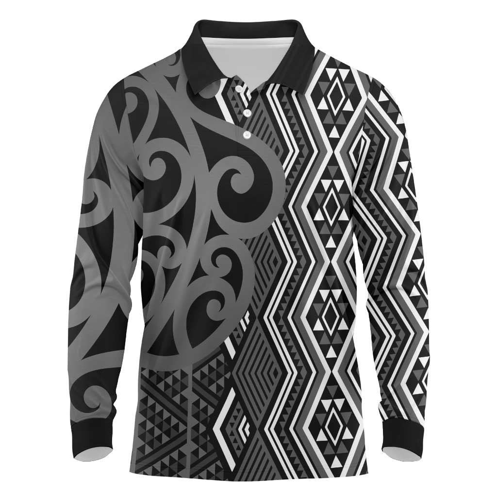 Maori Taniko Patterns Long Sleeve Polo Shirt Black Patiki Motifs Mix Whakairo Ngaru