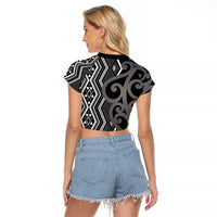 Maori Taniko Patterns Raglan Cropped T Shirt Black Patiki Motifs Mix Whakairo Ngaru