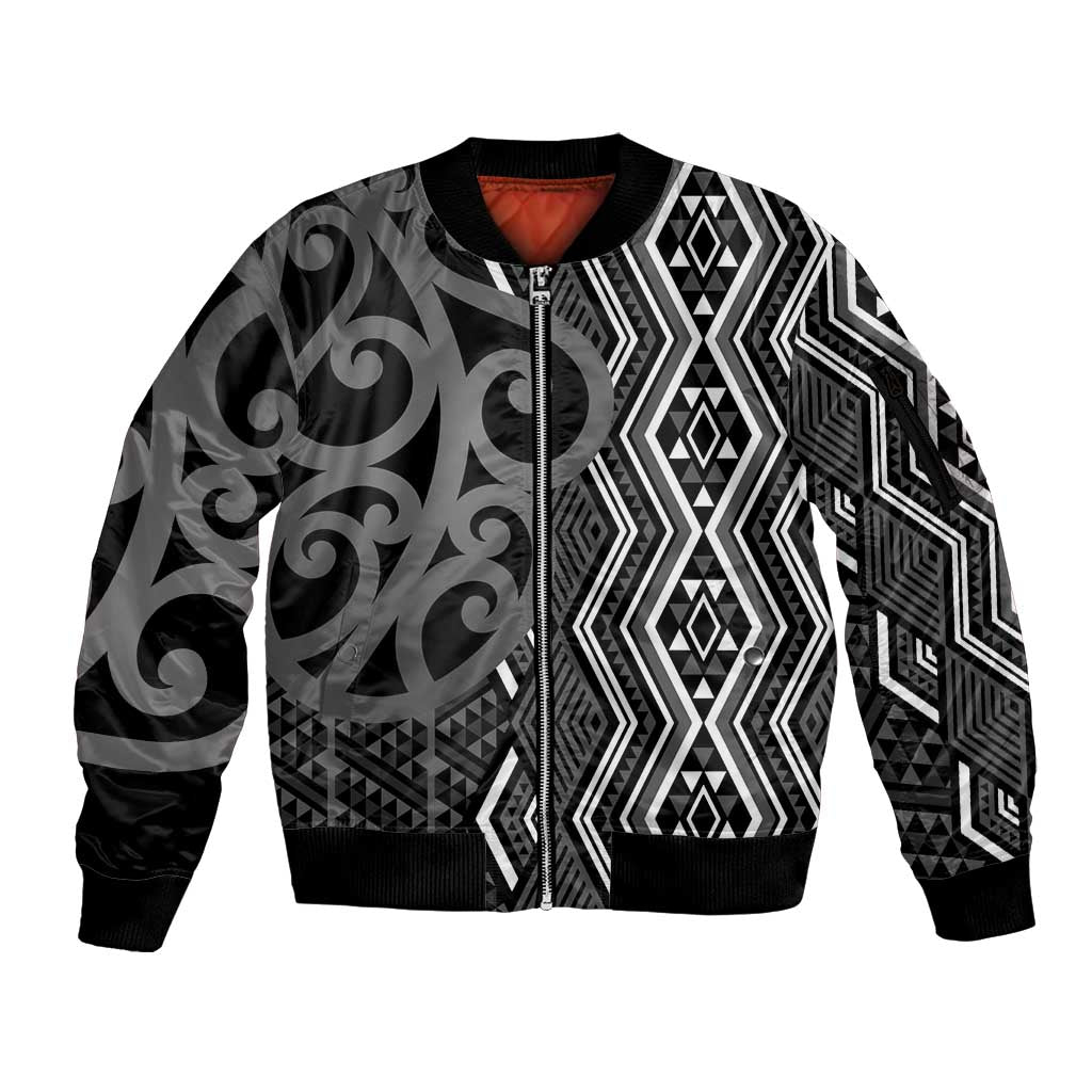 Maori Taniko Patterns Sleeve Zip Bomber Jacket Black Patiki Motifs Mix Whakairo Ngaru LT7 Unisex Black - Polynesian Pride