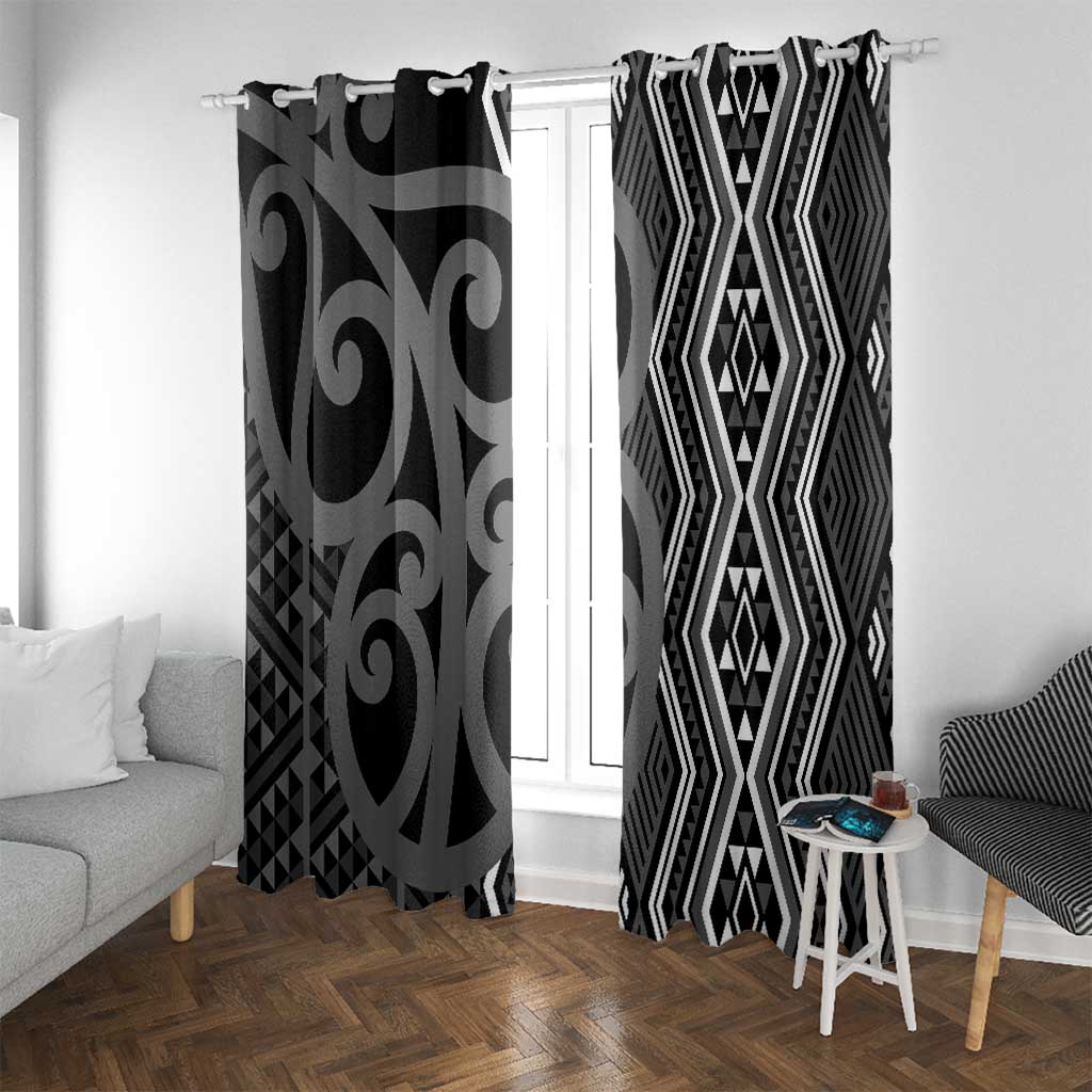Maori Taniko Patterns Window Curtain Black Patiki Motifs Mix Whakairo Ngaru LT7 With Grommets Black - Polynesian Pride