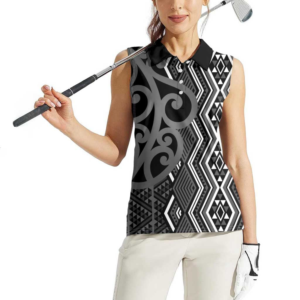 Maori Taniko Patterns Women Sleeveless Polo Shirt Black Patiki Motifs Mix Whakairo Ngaru