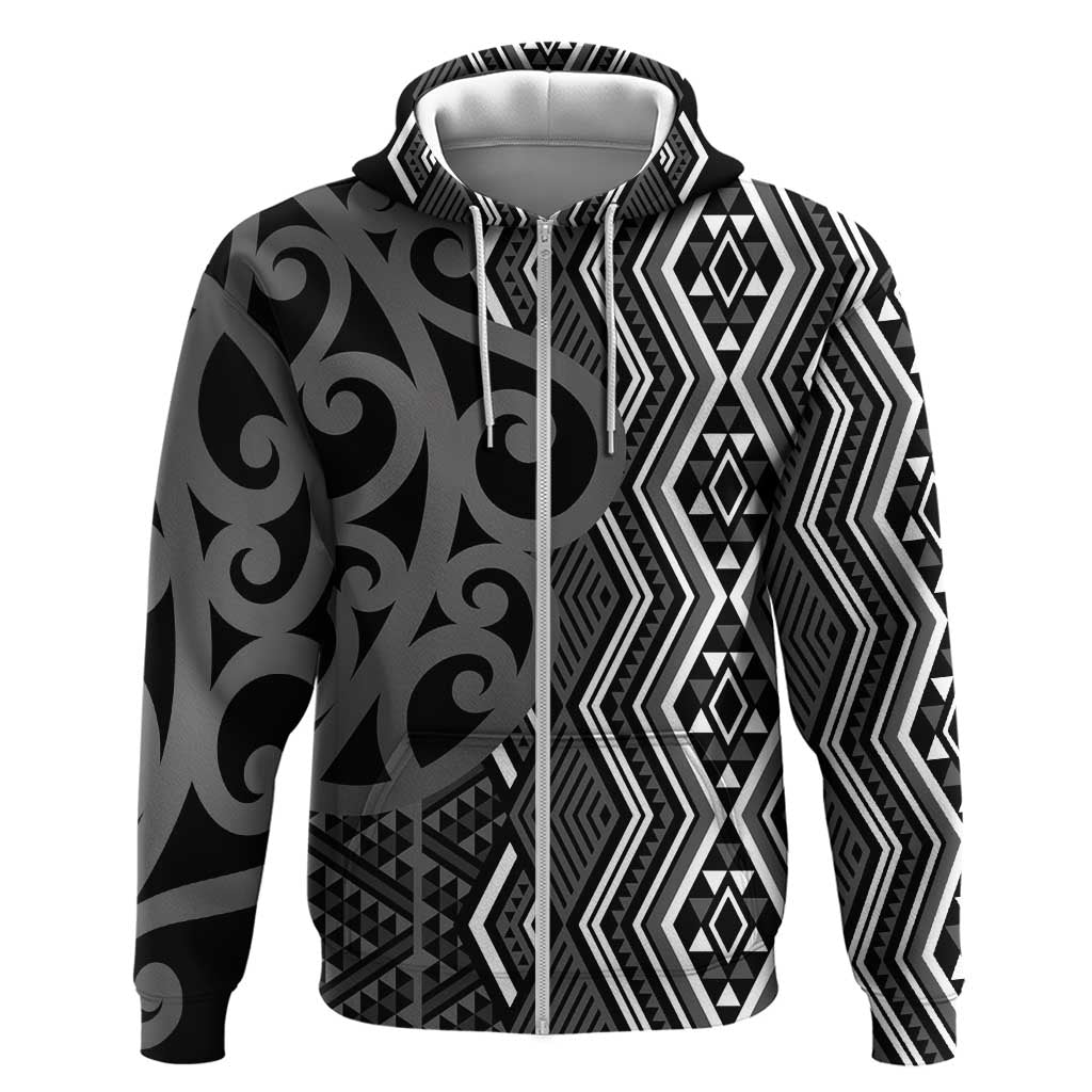 Maori Taniko Patterns Zip Hoodie Black Patiki Motifs Mix Whakairo Ngaru LT7 Zip Hoodie Black - Polynesian Pride