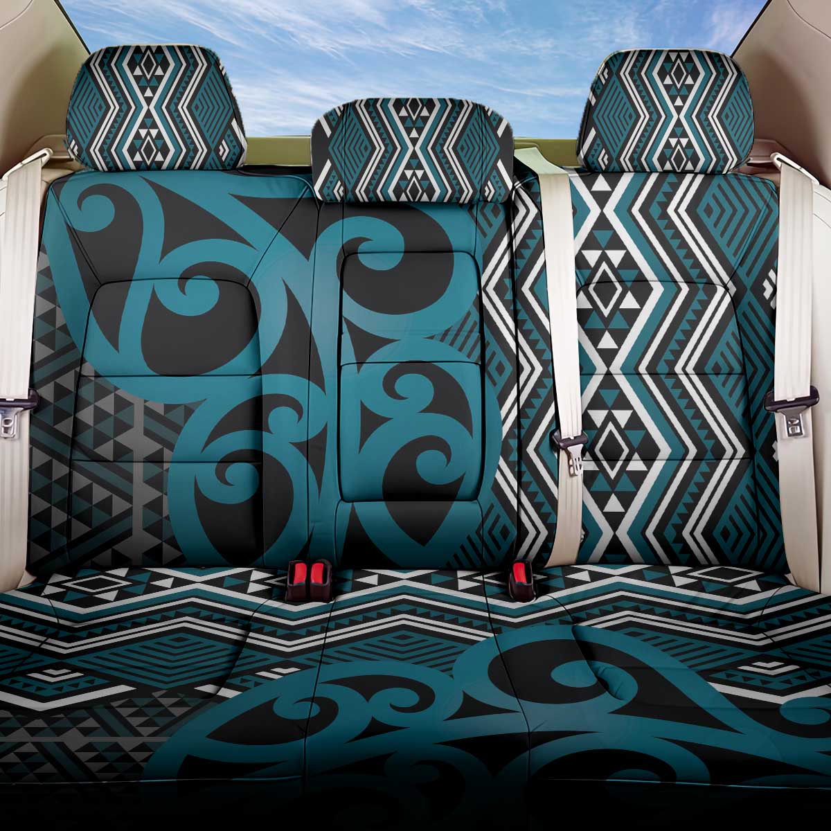 Maori Taniko Patterns Back Car Seat Cover Azure Patiki Motifs Mix Whakairo Ngaru LT7 One Size Azure - Polynesian Pride