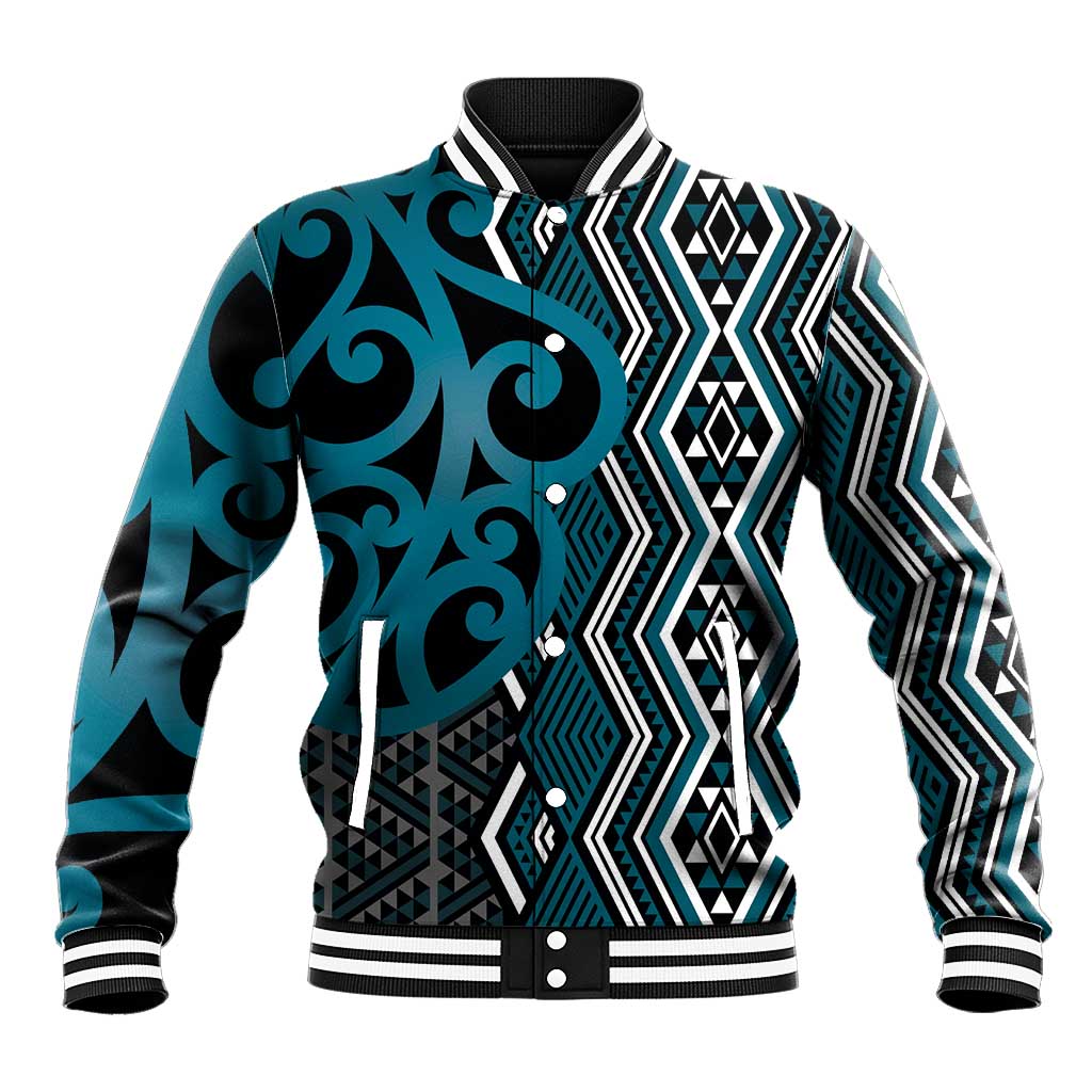 Maori Taniko Patterns Baseball Jacket Azure Patiki Motifs Mix Whakairo Ngaru