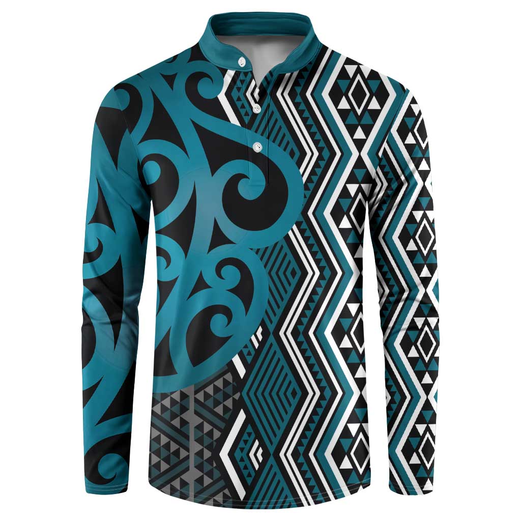 Maori Taniko Patterns Button Sweatshirt Azure Patiki Motifs Mix Whakairo Ngaru LT7 Azure - Polynesian Pride