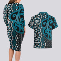 Maori Taniko Patterns Couples Matching Long Sleeve Bodycon Dress and Hawaiian Shirt Azure Patiki Motifs Mix Whakairo Ngaru LT7 - Polynesian Pride