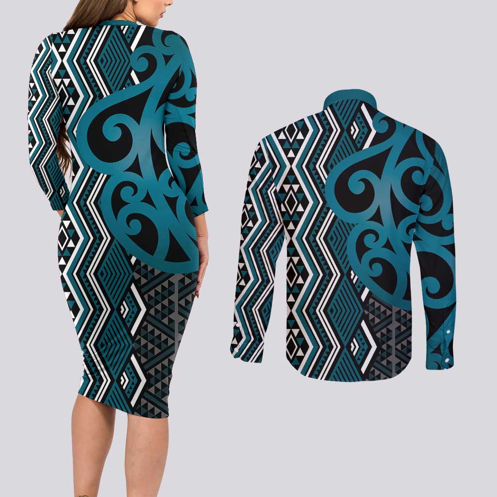 Maori Taniko Patterns Couples Matching Long Sleeve Bodycon Dress and Long Sleeve Button Shirt Azure Patiki Motifs Mix Whakairo Ngaru LT7 - Polynesian Pride