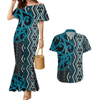 Maori Taniko Patterns Couples Matching Mermaid Dress and Hawaiian Shirt Azure Patiki Motifs Mix Whakairo Ngaru LT7 Azure - Polynesian Pride