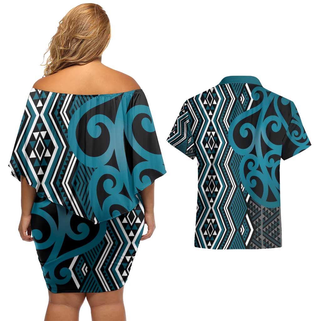 Maori Taniko Patterns Couples Matching Off Shoulder Short Dress and Hawaiian Shirt Azure Patiki Motifs Mix Whakairo Ngaru LT7 - Polynesian Pride