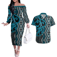 Maori Taniko Patterns Couples Matching Off The Shoulder Long Sleeve Dress and Hawaiian Shirt Azure Patiki Motifs Mix Whakairo Ngaru LT7 Azure - Polynesian Pride