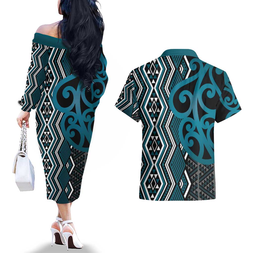Maori Taniko Patterns Couples Matching Off The Shoulder Long Sleeve Dress and Hawaiian Shirt Azure Patiki Motifs Mix Whakairo Ngaru LT7 - Polynesian Pride