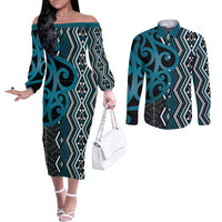 Maori Taniko Patterns Couples Matching Off The Shoulder Long Sleeve Dress and Long Sleeve Button Shirt Azure Patiki Motifs Mix Whakairo Ngaru LT7 Azure - Polynesian Pride