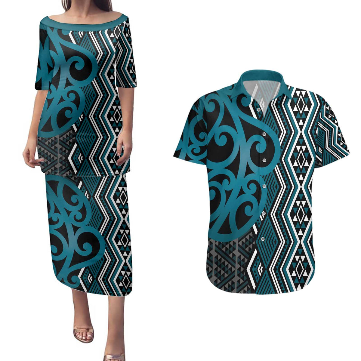 Maori Taniko Patterns Couples Matching Puletasi and Hawaiian Shirt Azure Patiki Motifs Mix Whakairo Ngaru