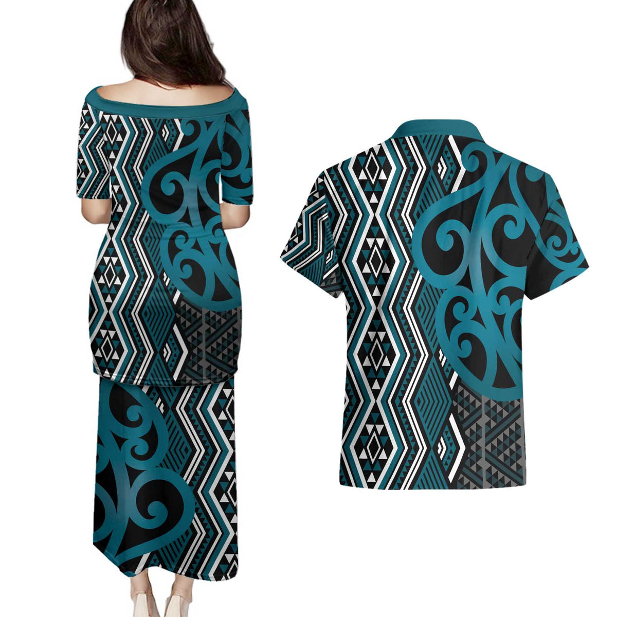 Maori Taniko Patterns Couples Matching Puletasi and Hawaiian Shirt Azure Patiki Motifs Mix Whakairo Ngaru