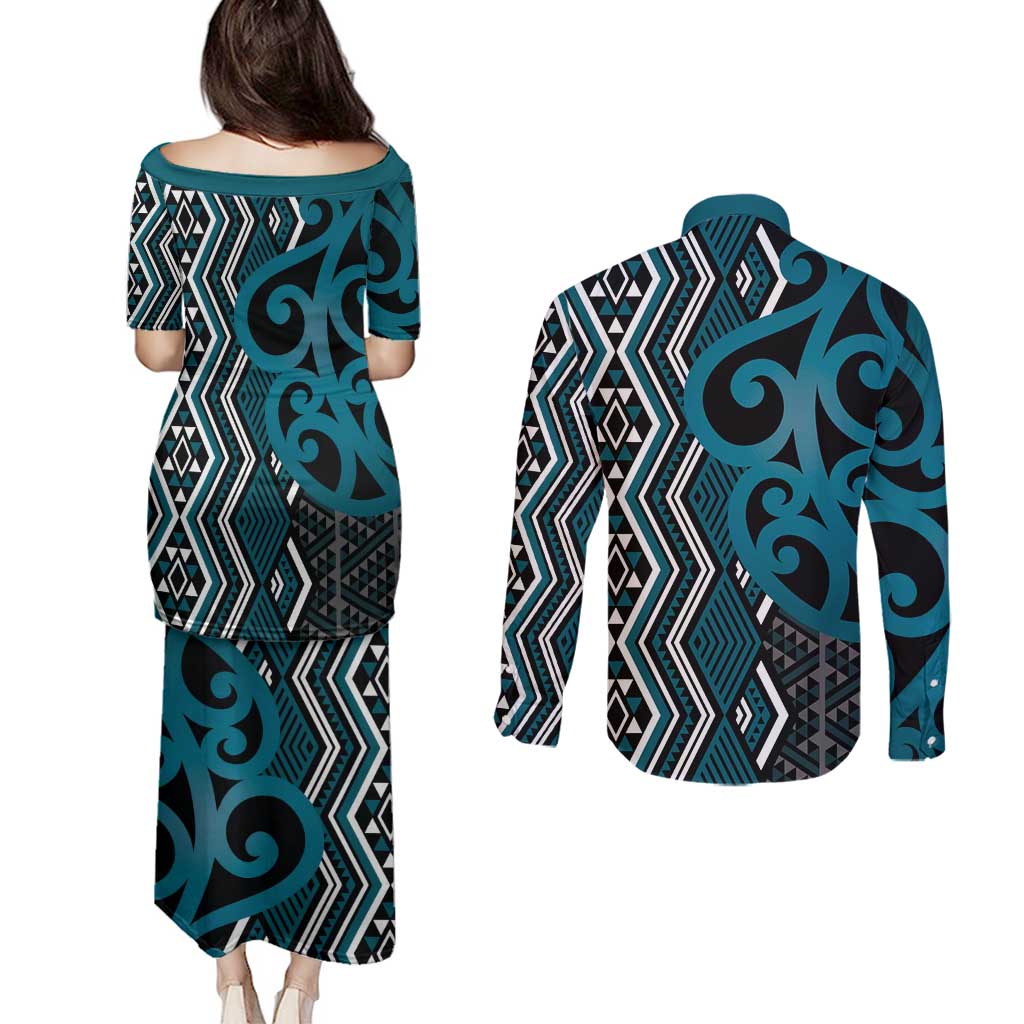 Maori Taniko Patterns Couples Matching Puletasi and Long Sleeve Button Shirt Azure Patiki Motifs Mix Whakairo Ngaru