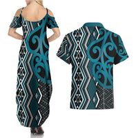 Maori Taniko Patterns Couples Matching Summer Maxi Dress and Hawaiian Shirt Azure Patiki Motifs Mix Whakairo Ngaru LT7 - Polynesian Pride