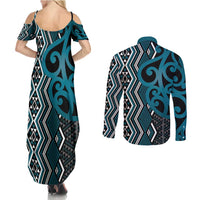 Maori Taniko Patterns Couples Matching Summer Maxi Dress and Long Sleeve Button Shirt Azure Patiki Motifs Mix Whakairo Ngaru