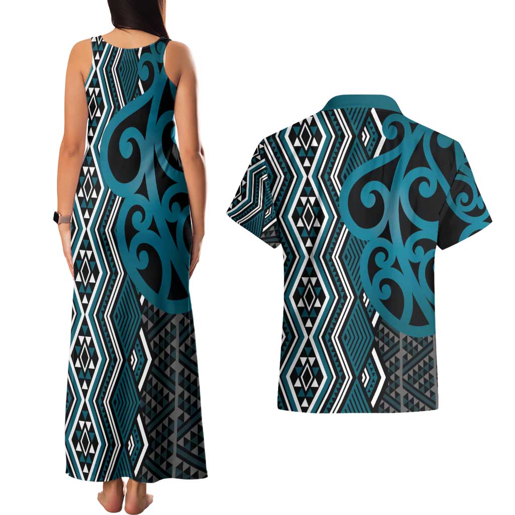 Maori Taniko Patterns Couples Matching Tank Maxi Dress and Hawaiian Shirt Azure Patiki Motifs Mix Whakairo Ngaru LT7 - Polynesian Pride